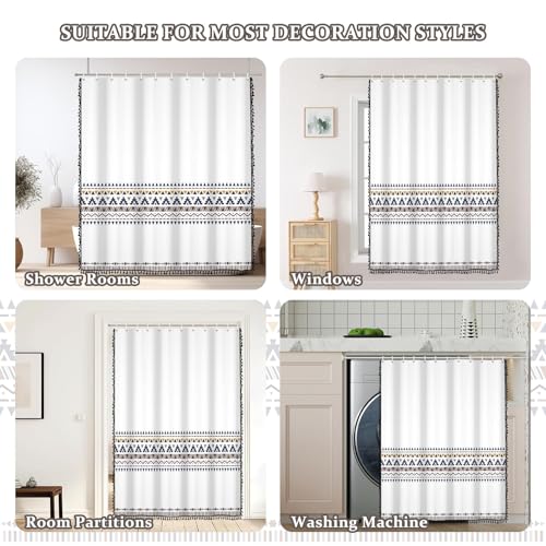 AOFOTO White Boho Shower Curtain with Black Tassel Chic Triangle and Geometric Waterproof Shower Curtain Modern Minimalist Bath Curtain Family Bathtub Bathroom Home Decor with Hooks 36x72 Inch - color: Black White, size: 36"W x 72"L (Pack of 1)