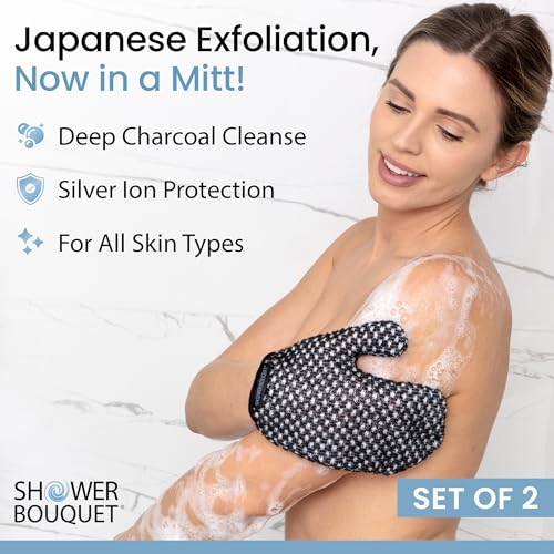 Japanese Exfoliating Mitt 2-Pack - Charcoal & Silver Ion Exfoliating Gloves for Shower - Soft Inner Fabric Gentle Exfoliation & Deep Cleansing Body Scrub Gloves for All Skin Types - 2 White - color: 2 Charcoal White, size: 1 Count (Pack of 2)