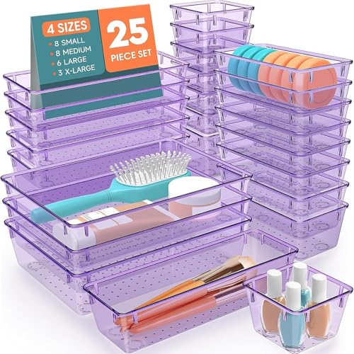 SpaceHacks 25 PCS Plastic Drawer Organizer Set, 4-Size Versatile Organizer Trays & storage Bins for Makeup, Jewelry, and Gadgets in Bathroom, Bedroom and Office,Clear Purple - color: Clear Purple