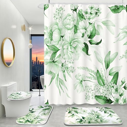 16 Pcs Sage Green Floral Shower Curtain Set with Rugs, Flower Bath Curtains and High Absorbent Non-Slip Mats, Thick 120GSM Fabric Curtain with 12 Metal Hooks (72x72 Inch) - color: Flower A-green