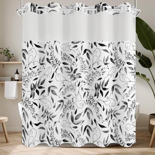 No Hook Shower Curtain with Snap in Fabric Liner Set, Waterproof & Washable, Boho Black and White Leaf Shower Curtains for Bathroom, Modern Farmhouse Rustic Bathroom Curtain, House Gift, 71x74 inch - color: Black and White Leaf