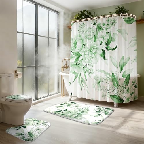 16 Pcs Sage Green Floral Shower Curtain Set with Rugs, Flower Bath Curtains and High Absorbent Non-Slip Mats, Thick 120GSM Fabric Curtain with 12 Metal Hooks (72x72 Inch) - color: Flower A-green