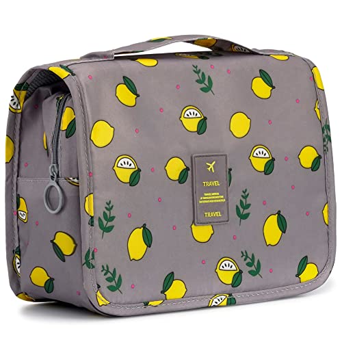 L&FY Hanging Travel Toiletry Bag Women's Cosmetic Organizer Makeup Pouch Men's Dopp Kits With Handle(Grey Lemon) - color: Grey Lemon, size: Compact Size