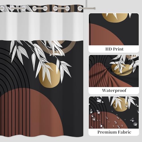 Boho Abstract No Hook Shower Curtain with Snap in Liner | 71x74 Inch, Black Mid Century Geometric Shower Curtains for Modern Bathroom, Waterproof Fabric with Mesh Top Window - color: Boho Black