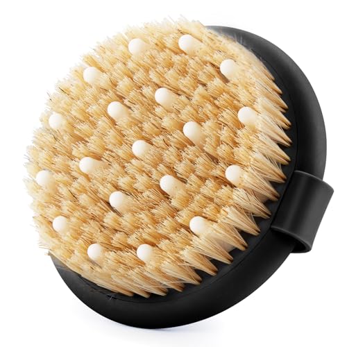 Dry Brushing Body Brush for Massage - Natural Boar Bristle Exfoliating Brush with Massage Nodes for Lymphatic Drainage, Cellulite, Blood Circulation Improving Skin Health for Women Men Elderly(Black) - size: Round 4.3 in-Black