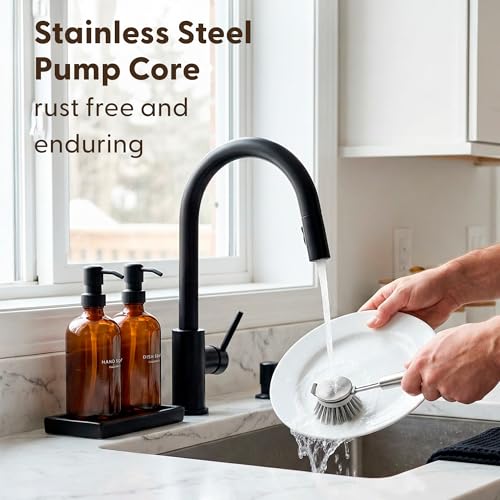 Maisonovo Kitchen Soap Dispenser Set - Hand and Dish Soap Dispenser Set with Amber Glass Soap Dispenser, Black Pumps & Ceramic Tray - color: Amber Bottles/ Black Pumps/ Black Ceramic Tray