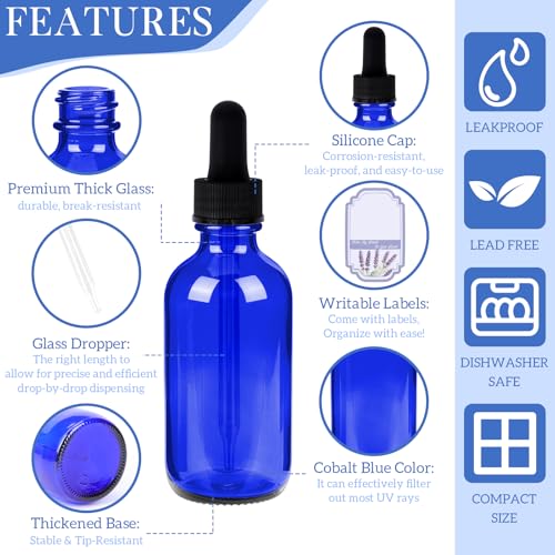STARSIDE 48-Pack 1oz Blue Glass Leakproof Dropper Bottles | 30ml UV-blocking Dropper Bottles for Essential Oils & Crafts, Includes Funnel, Brush, Labels, Extra Droppers & Measuring Cup - color: 1oz-blue-48pcs