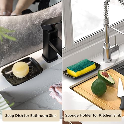 Gomakren Ceramic Soap Dish Bar Soap Holder for Bathroom Kitchen Sink Black | Keeps soap dry & long-lasting, raised scalloped design, non-slip base, easy to clean, versatile tray counter storage & decor - color: Black, size: Scalloped