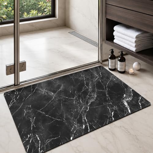 Color&Geometry Ultra Thin Bathroom Rugs Non Slip,Absorbent Quick Dry Bath Mats for Bathroom,Thin Bath Rugs Washable with Rubber Backing Fit Under Door Outside Shower,Black Marble,17"x30" - color: Black Marble, size: 17"x30"