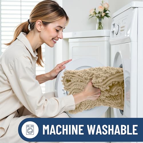 Smiry Bathroom Rugs Sets 2 Piece, Soft Absorbent, Non Slip Rubber Backing Machine Washable Quick Dry Chenille Bath Rug Set for Tub, Shower, and Floor (47" x 20" Plus 24" x 16", Beige)