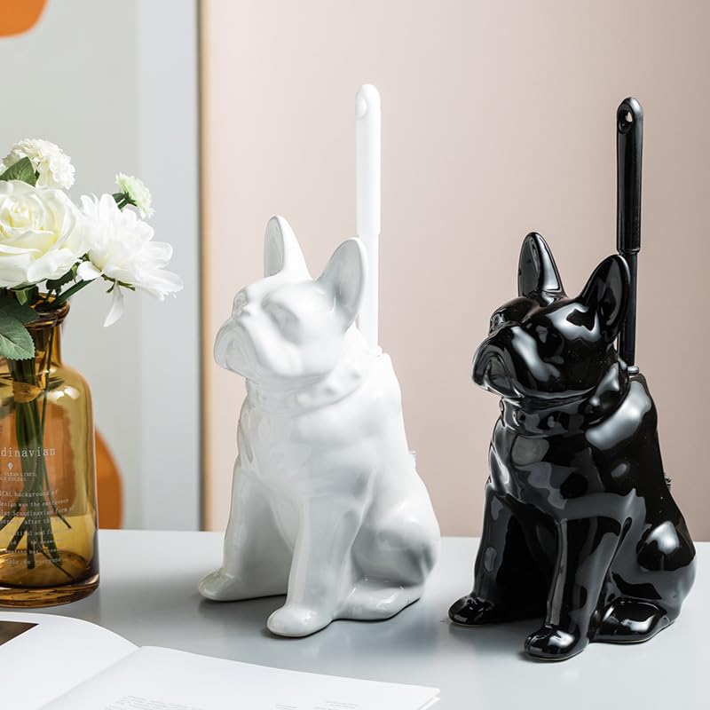 Comeon Ceramic Dog White/Black Toilet Brush and Holder Set, Plastic Handled Scrub Brush for Bathroom Cleaning,13.7"*6.3" (Black) - color: Black, size: Dog