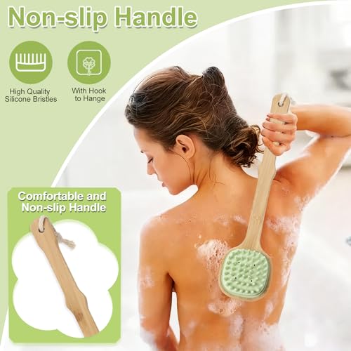 Silicone Back Scrubber for Shower, Silicone Bath Body Brush Loofah with Long Handle, Dual-Sided Shower Brush for Body, Green Exfoliating Body Scrubber for Men Women, Back Washer for Men with Hook - size: green-1pcs