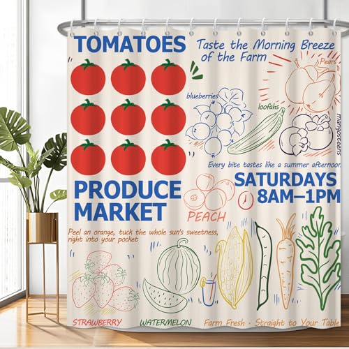 Fabric Shower Curtain with Hooks, Waterproof & Washable & Polyester, Summer Funny Doodle Colorful Cute Farm Fruit Shower Curtains for Bathroom, Unique Cartoon Bathroom Curtain, House Gift, 71x74 Inch - color: Farm Fruits Vegetables Graffiti
