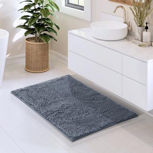 Hearth & Harbor Bathroom Rugs, Chenille Bath Mat - Machine Washable Bath Mats for Bathroom Non-Slip Backing Rubber, Quick Dry Bathroom Mat, 20 x 32 - Stone Blue - color: Stone Blue, style: 20 x 32