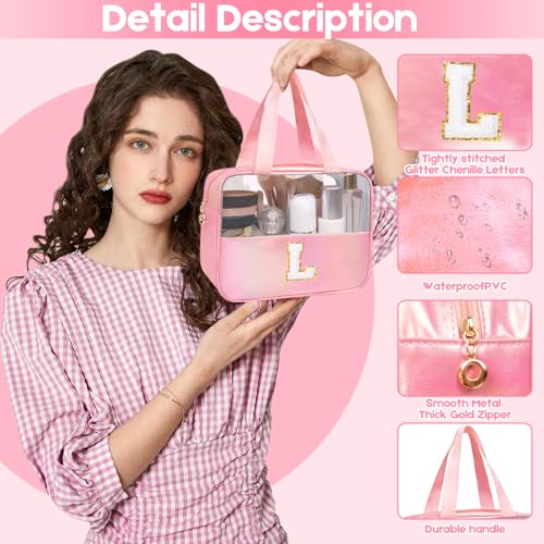 Personalized Initial Clear Makeup Bag Pink Cosmetic Bag Set Large Travel Toiletry Bag, Cute Clear Make Up Bags Organizer Bag for Girlfriend Teacher Gifts Teen Girl Gifts Trendy Stuff S (Pink) - color: Pink, style: S