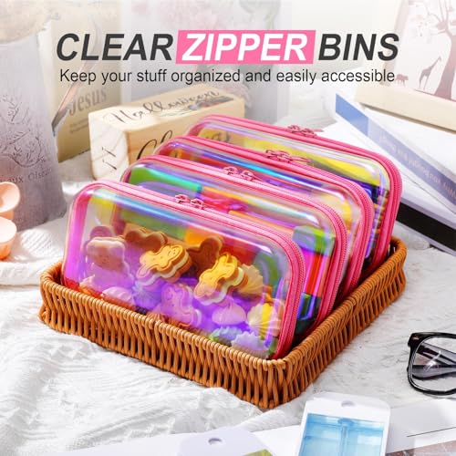 Hoolerry 4 Pcs Hard Clear Zipper Case Makeup Bags Plastic Zipper Pouch Transparent Storage Box Containers for Cosmetics, Snacks, Building Blocks, Puzzles(Clear,7.5 x 3.9 x 2 in,Pink Laser) - color: Pink Laser, size: 7.5 x 3.9 x 2 in