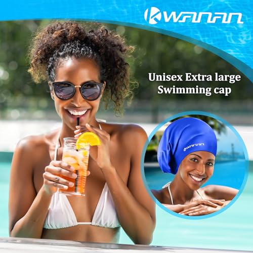 Extra Large Silicone Swim Cap for Long Hair and Protective Styles–Waterproof Swimming Cap for Men and Women with Dreadlocks, Weaves, Extensions, Braids, Curls, and Afros–Keep Hair Dry - color: Blue