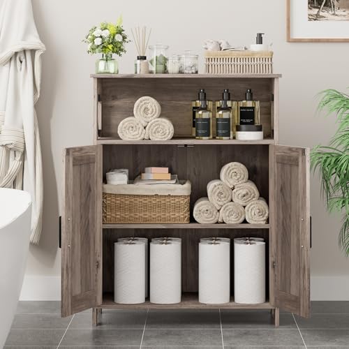 Homhedy Farmhouse Bathroom Storage Cabinet with 2 Doors, Toilet Paper Cabinet with Adjustable Shelf, Small Bathroom Cabinet for Kitchen/Laundry/Living Room, 11.8 x 23.6 x 31.5 Inches, Greige - color: Greige