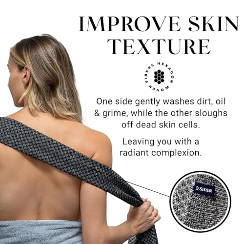 Sima Brand Exfoliating Washcloth Face & Body Scrub Towel - Japanese Exfoliating Towel with Hexagon Fibers, Body Scrubber with 2 Sides for Scrubbing & Washing, Extra Long Body Towels (Black) - color: Black