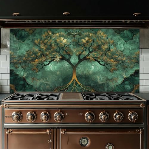 Bold Grup Tempered Glass Kitchen Backsplash, Stove Back Cover, Range Protector, Splash Guard for Sink, Emerald Tree of Life Wall Art Decor, Cutting Board - size: 30''W x 14''H