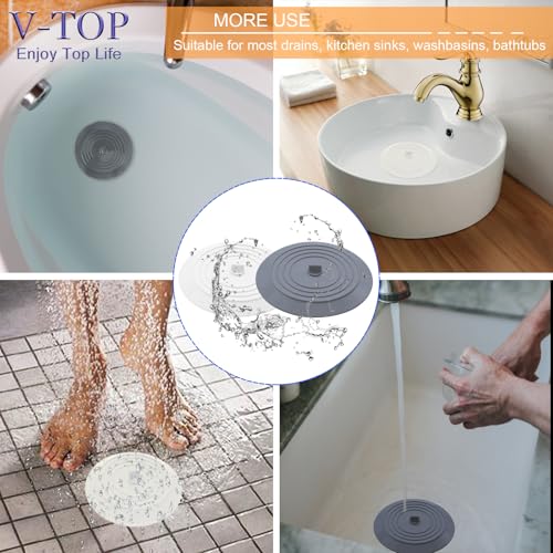 V-TOP Bathtub Drain Stopper 2 Pack, 5 inches Silicone Tub Stopper Shower Drain Cover, Bath Tub Plug Hair Stopper,Universal Flat Suction Renter Friendly Bath Accessories (White&Grey, 5 inch) - color: White&grey