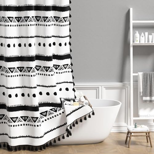 AOFOTO Boho Shower Curtain Black Striped Geometric Pattern Shower Curtains for Bathroom Tassel Bohemian Shower Curtain Modern Bathroom Home Decor with Hooks Waterproof 36x72 Inches - color: Black Dots, size: 36"W x 72"L (Pack of 1)