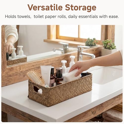 StorageWorks Wicker Toilet Paper Basket for Back of Toilet Baskets, Seagrass Bathroom Basket Organizer and Storage for Tank Topper, Small Tank Trays for Decor with Built-in Handles, Brown - color: Brown (Seagrass), size: 14¼" L x 6¾" W x 3¾" H