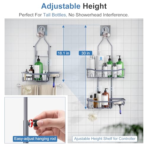 Upgraded Extended Length Shower Caddy Over Showerhead No Blocking to Showerhead, Rustproof Bathroom Organizers and Storage with Hooks Shampoo Soap Holder, Large Hanging Caddy, Grey - color: Grey - 2 Tier - Standard