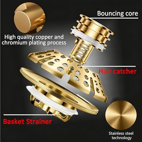 AzWzz Bathtub Drain Stopper, Pop Up Tub Stopper Plug with Bathtub Drain Hair Catcher Cover, Universal for 1.45 in to 1.8 in Tub Drain, Brushed Gold - color: Brushed Gold, style: Tub Drain Stopper with Hair Catcher