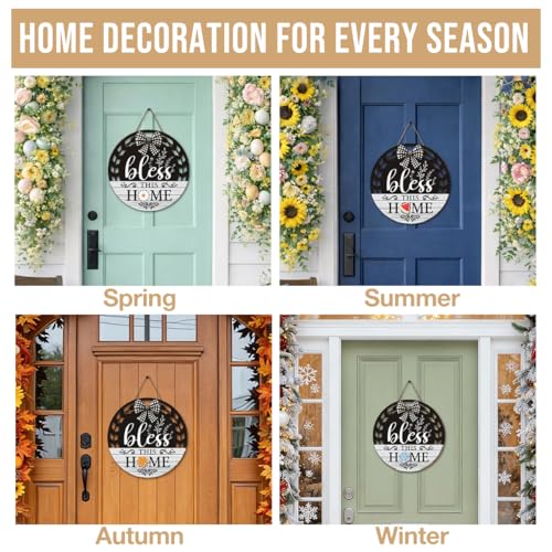 Interchangeable Seasonal Bless This Home Hanging Sign - Farmhouse Front Door Decoration for Spring All Seasons Holidays - Rustic Round Wood Wreaths with 12 Icons(White) - color: blesswhite2