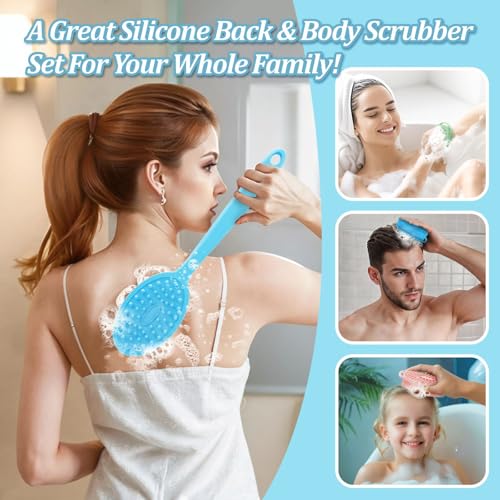 Silicone Back & Body Scrubber Set 2PCS, 13.4'' Gentle Exfoliating Back Scrubber with Dual-Side Head and Non-Slip Handle, Hygienic Silicone Loofah with Soft Bristles and Massage Dots(Blue-2PC) - color: Blue*2