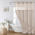 eachope Boho Farmhouse No Hook Shower Curtain Set with Snap-in Fabric Liner,Heavy-Duty Linen Textured Rustic Striped Design,Water-Repellent with Tassels and Sheer Window,Tan/Taupe,71x74 - color: Taupe, size: 71"W x 74"L (Pack of 1)