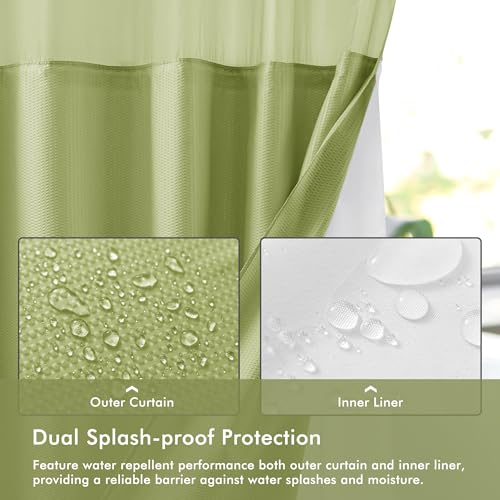 Mrs Awesome No Hook Shower Curtain with Snap-in Liner, Embossed Waffle Design Fabric Shower Curtain for Bathroom, Soft & Lightweight, 71x74, Sage Green - color: Sage Green, size: 71"W x 74"L (Pack of 1)