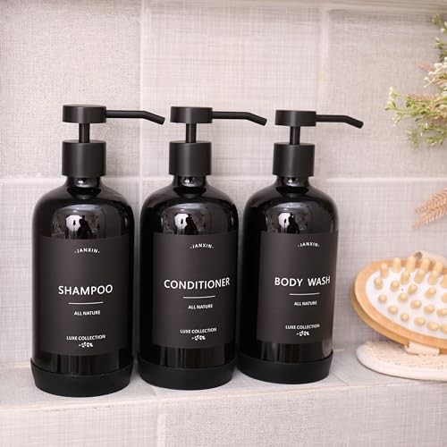Shampoo and Conditioner Dispenser Set of 3,Refillable 21oz Shampoo Bottles with Non-Slip Protective Silicone Pad,Shower Soap Dispenser with Waterproof Labels for Bathroom (Black) - color: Black Bottles +Black Pumps