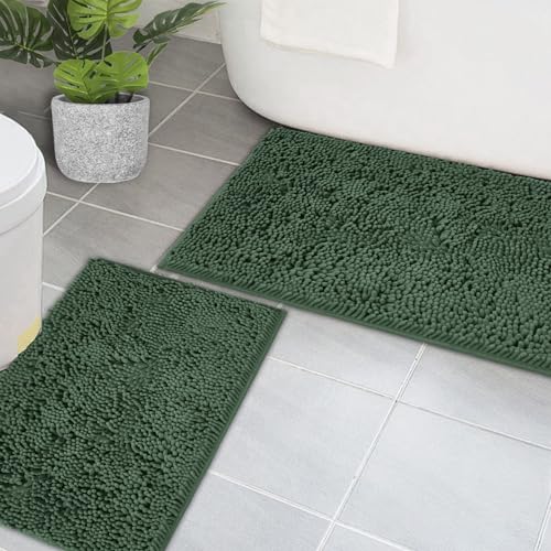 Bathroom Rugs Chenille Bath mat 2 Piece Set, Super Absorbent, PVC Non Slip Backing, Bath mats for Bathroom, Plush Shaggy, Thick, Machine Washable, Bathtub, Shower, Toilet.(Deep Green) - color: Deep Green, size: 16''×24''+20''×32''