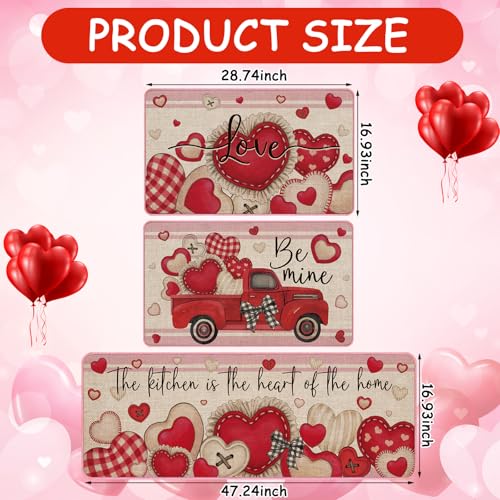 Drydiet 3 Pcs Retro Valentines Kitchen Mat and Rug Non Slip Red Heart Doormat Washable Waterproof Floor Mats Farmhouse Holiday Kitchen Decor for Home Floor Office Bathroom Party Rustic Decor - color: Red, style: Heart