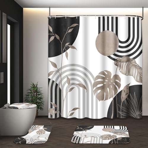 Boho Grey Shower Curtain Set with Toilet Lid Cover and Non-Slip Rugs, Abstract Leaf Minimalist Neutral 4 Pcs Modern Minimalist Vintage Shower Curtain for Bathroom Set with 12 Hooks - color: Grey 2
