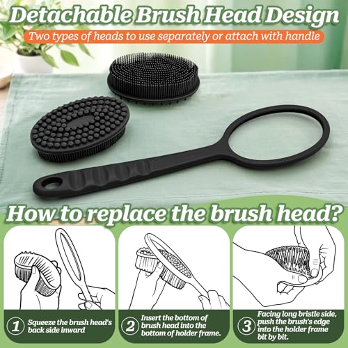 Silicone Back Scrubber, Soft Silicone Loofah with Handle, Gentle Exfoliating Back Scrubber, Back Brush Bath Brush with Two Dual-Side & Detachable Brush Heads(Black-Two Heads) - color: Black-two Heads