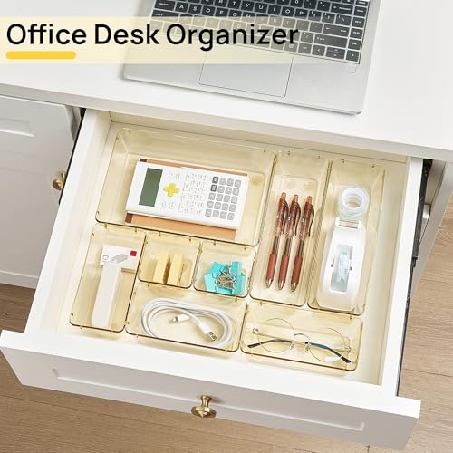 Vtopmart 25 PCS Clear Plastic Drawer Organizers Set, 4-Size Versatile Bathroom and Vanity Drawer Organizer Trays, Storage Bins for Makeup, Bedroom, Kitchen Gadgets Utensils and Office - color: Clear Champagne