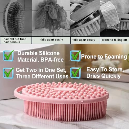 Silicone Body Scrubber – Dual-Sided Silicone Loofah for Shower, Set of 2 Soft Exfoliating Body Bath Shower Scrubber Loofah Brush Easy-to-Clean for Sensitive Kids Women Men All Kinds of Skin - color: Pink and Black