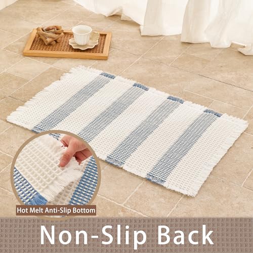 Waffle Bath Mat Non Slip, Boho Bathroom Rug, Super Absorbent Quick Dry Bathroom Mat, Soft Farmhouse Bath Rug with Tassels, Small Washable Shower Mats for Floor 20"x32", White and Blue - color: Blue and White, size: 1'8" x 2'8" (Rectangular)