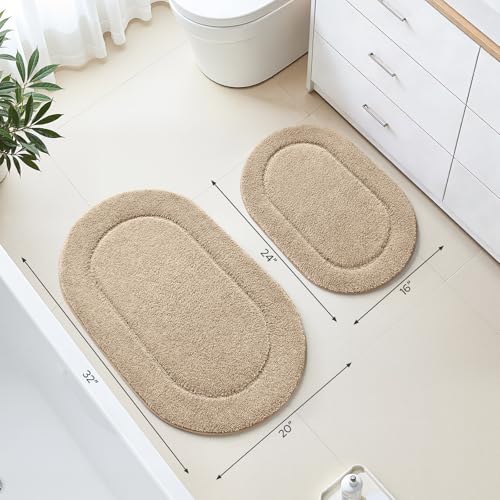 HOMEIDEAS Bathroom Rugs Sets 2 Piece, Soft Bathroom Mats and Absorbent Microfiber Machine Washable Bath Mats for Shower Room, Bathtub, Kitchen (20" x 32" + 16" x 24", Beige) - color: Beige