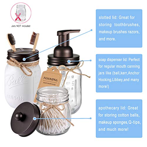 Mason Jar Bathroom Accessories Set(4pcs)- Jars Not Included - Foaming Soap Dispenser,Toothbrush Holder, and Apothecary Storage Jars Lids -Rustic Farmhouse Decor,Brown - color: Bronze, size: 4 Regular Mouth