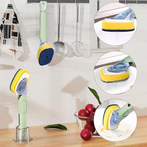 Dish Brush with Soap Dispenser Storage Set with 2 PCS Sponge Refills & Holder, Soap Dispensing Dish Brushes, Sponge with Soap Dispenser Handle, Dish Sponges with Handle for Dishes Pans Pots Sink - color: Green