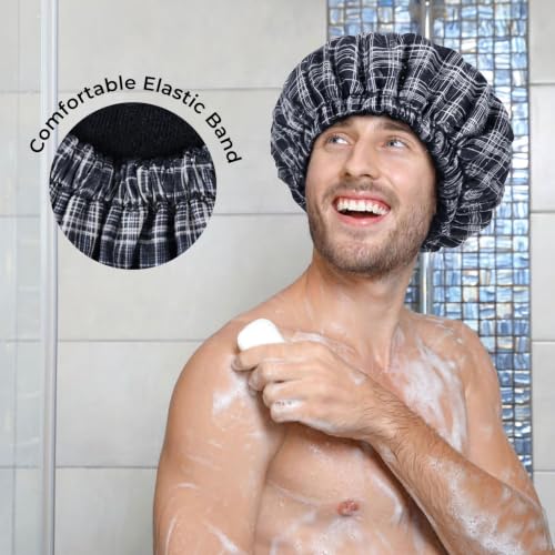 Shower Cap for Men Black Bath Cap, Reversible Terry Lined Large Waterproof Adjustable Shower Caps Elastic Band Stretch Hem Hair Hat for braids - color: Shadow Plaid