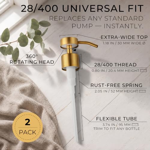 Soap Dispenser Pump | Stainless Steel Replacement | Durable, Rustproof | for Glass & Plastic Bottles with 28mm 28/400 Thread - 2 Pack (Brushed Gold) - color: Brushed Gold