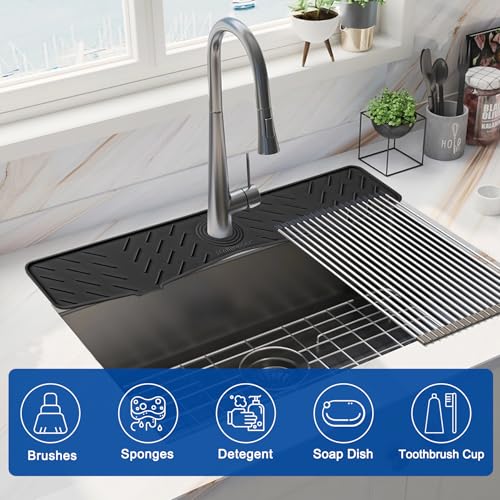 Faucet Mat for Kitchen Sink – 24” x 5.1” Extra-Long Silicone Splash Guard with 10° Slope & Upgraded Drainage – Gen 3 Sink Water Catcher & Sponge Holder for Kitchen, Bathroom (Black) - color: Black, size: 24 in