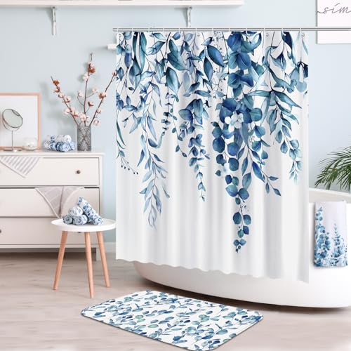 Tatuo 8 Pcs Blue Eucalyptus Shower Curtain Set Blue Eucalyptus Theme Bathroom Accessories Sets Decor Nautical Coastal Waterproof Shower Curtain with Towels Carpet Bath Mat Toilet Rugs and 12 Hooks - style: Blue Eucalyptus