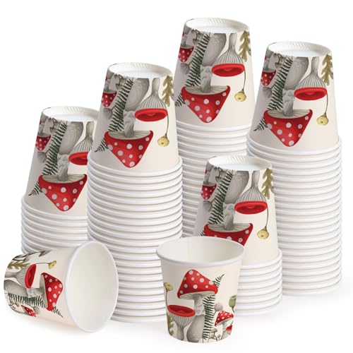 WRAPAHOLIC 3oz Mushroom Paper Cups - 100 Pack Disposable Bathroom Cups with Red Mushroom Design, Small Mouthwash Cup for Toothbrush Rinse, Home Bathroom, Birthday, Fall and Baby Shower - color: Red Mushroom