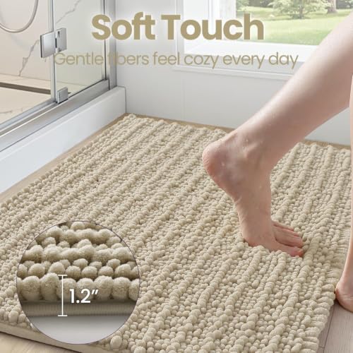 DEXI Bathroom Rugs 60x24, Super Soft Thick Chenille Absorbent Bath Mat, Non Slip Machine Washable Fluffy Shag Bathmat for Tub, Shower Floor, Beige - color: Beige, size: 60" X 24" (Rectangular)